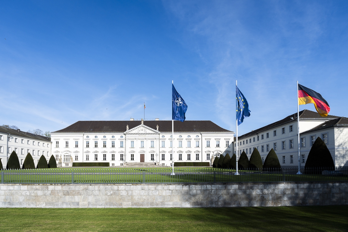 On the occasion of NATO's 75th anniversary, the NATO flag is flying in front of Schloss Bellevue on April 4